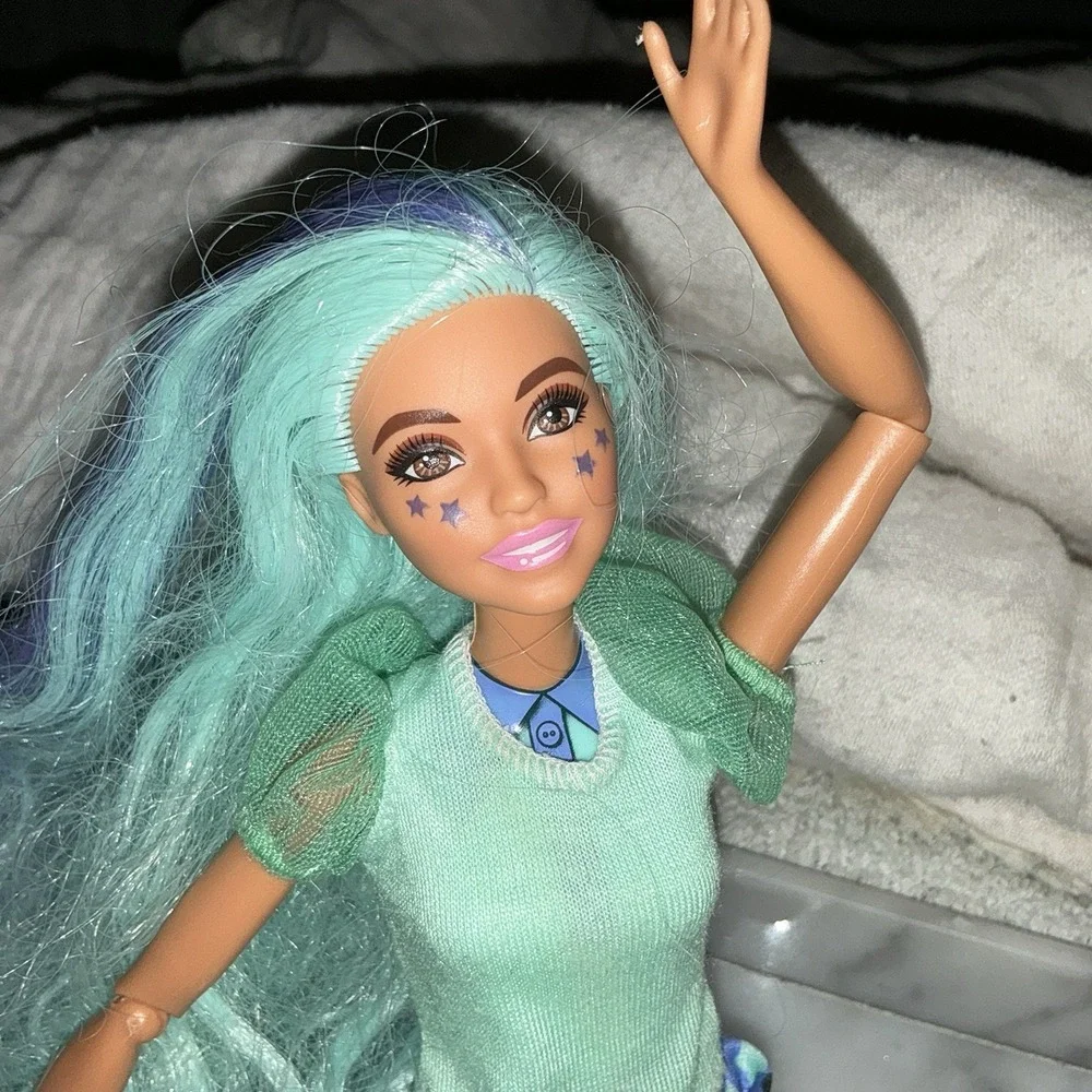 Articulated Barbie Bubble Tea Doll Mint Green Blue Long Blue Hair Star Tattoos